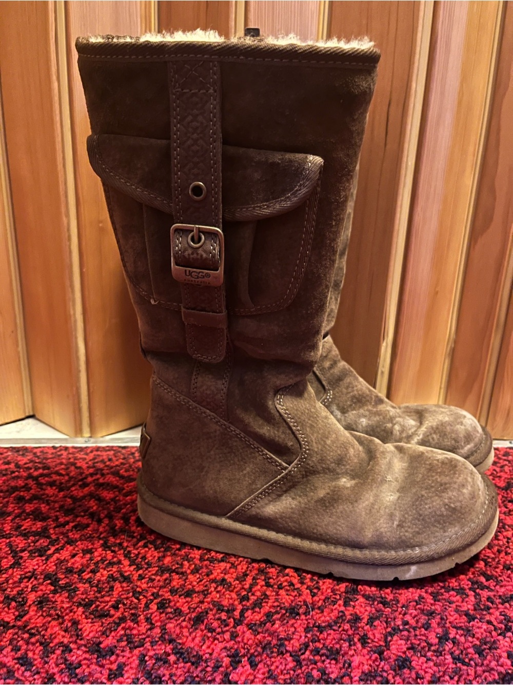 UGG Australia Retro Cargo 1895 Brown Suede Sheepskin Pocket Buckle Boots Sz 7
